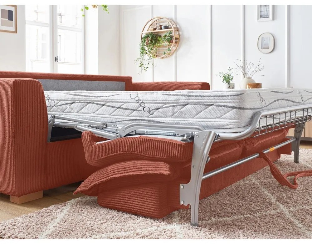 Téglavörös kordbársony kinyitható kanapé 225 cm Augustin – Bobochic Paris