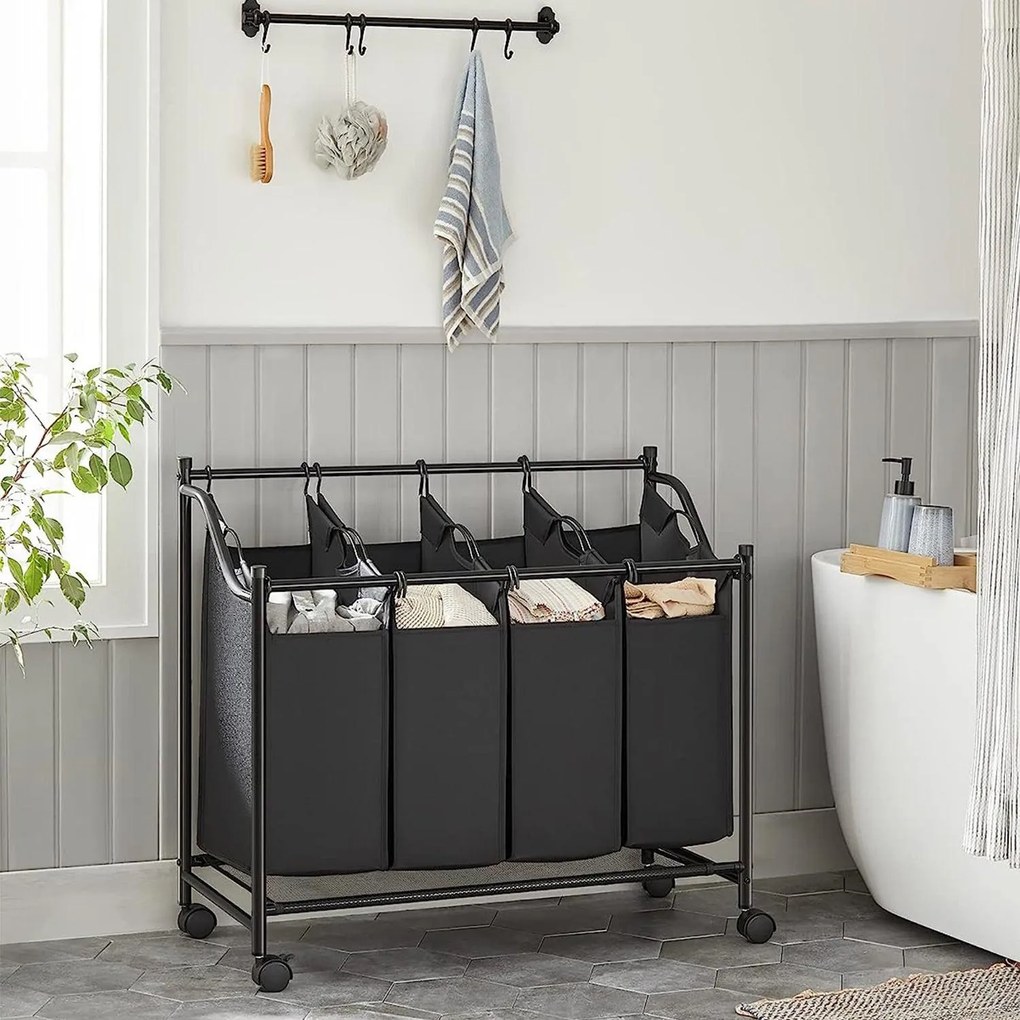 Szennyeskosár görgőkkel 4 x 35L, 4 kivehető táskával, fekete