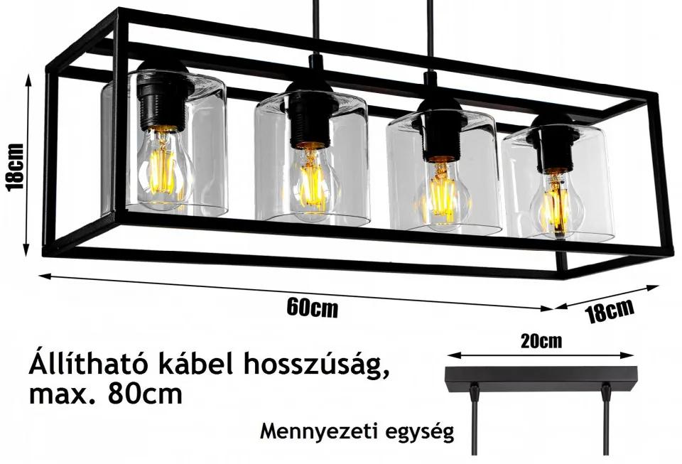 Glimex CAGE állítható függőlámpa fekete / átlátszó 4x E27 + ajándék LED izzók