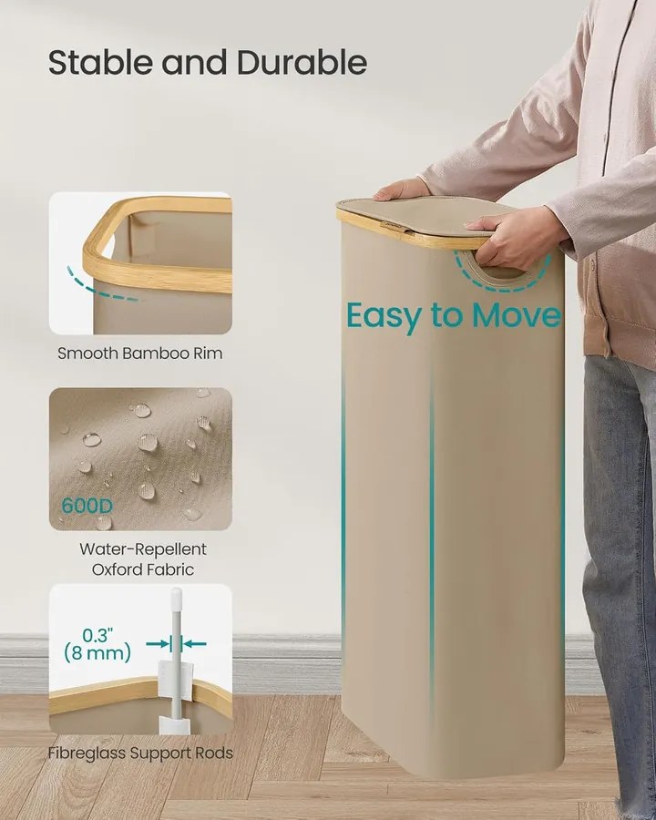 Szennyeskosár fedővel, keskeny szennyes tároló, 65 L, 42 x 22,5 x 70,5 cm, Tevebarna