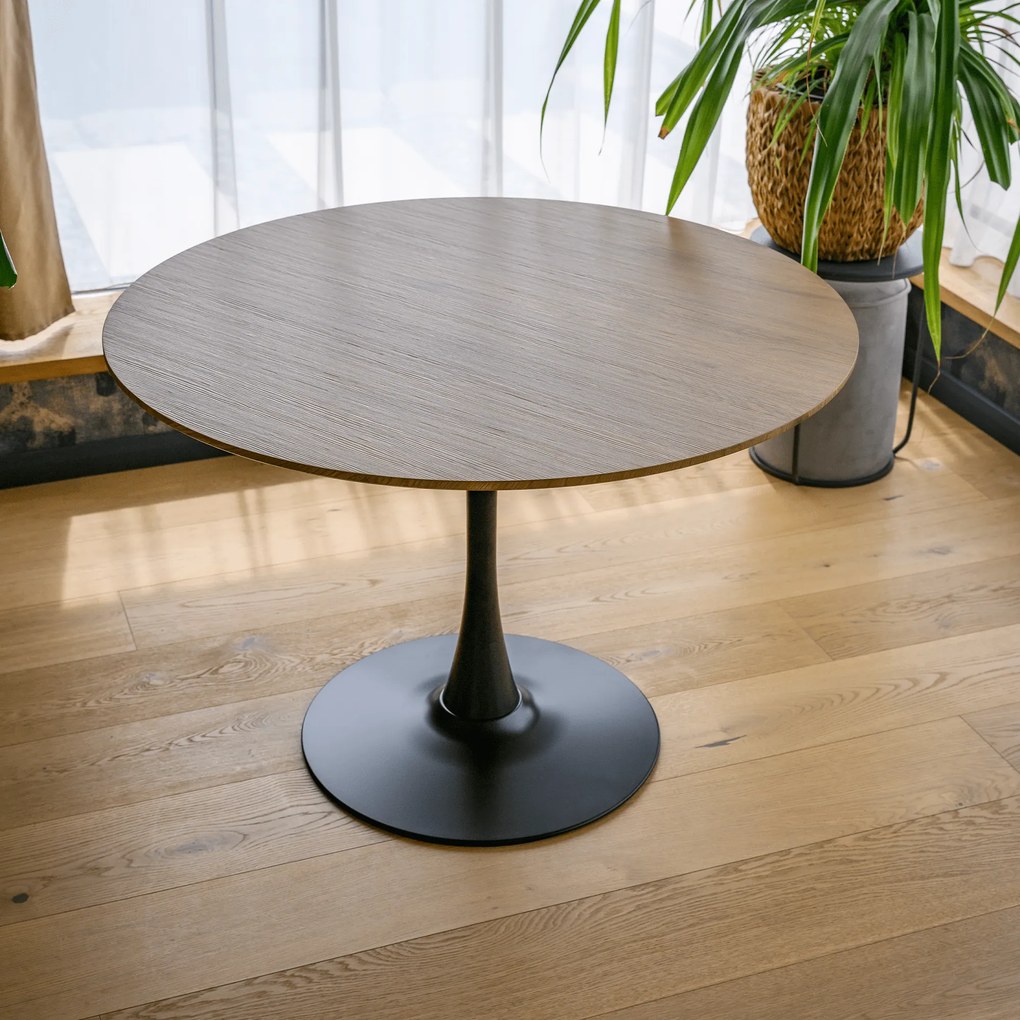 Étkezőasztal, kerek, tölgy/fekete, átmérő 110 cm, REVENTON NEW