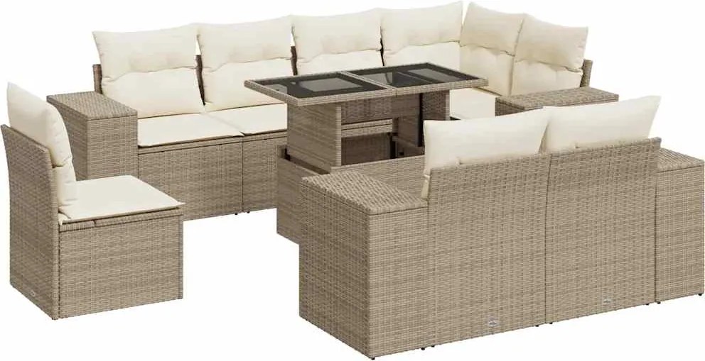 vidaXL 9 részes bézs polyrattan kerti ülőgarnitúra párnákkal
