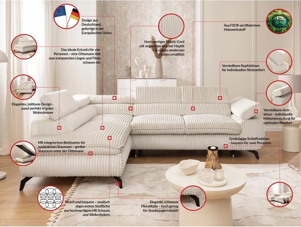 Krémszínű kordbársony sarokkanapé (bal oldali-L alakú) Marbeya – Ropez