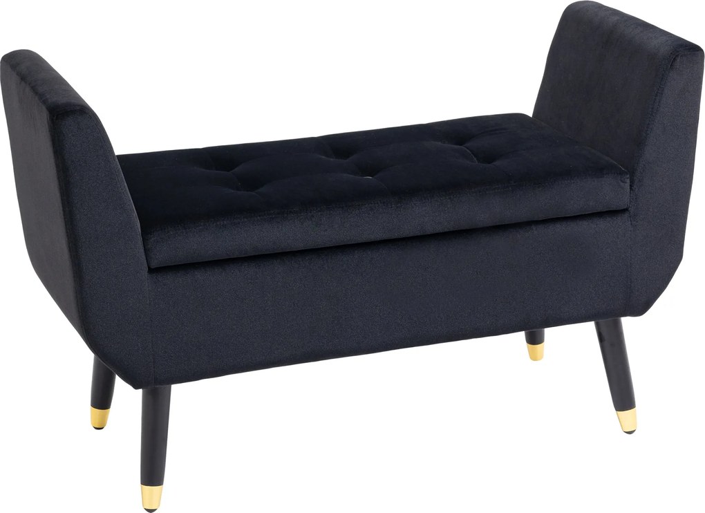 HOMCOM Tárolós Pad Karfával, Velúrnak Tűnő Kárpitozott Pad, Tárolódoboz Fa Lábakkal, Pad Nappaliba, Hálószobába, Előszobába 107 x 42 x 65 cm, Fekete |