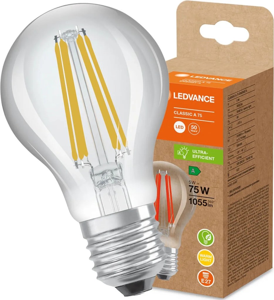 Led izzó Filament E27 A60 5W 75W 1055lm 3000K Ultra Efficient Ledvance