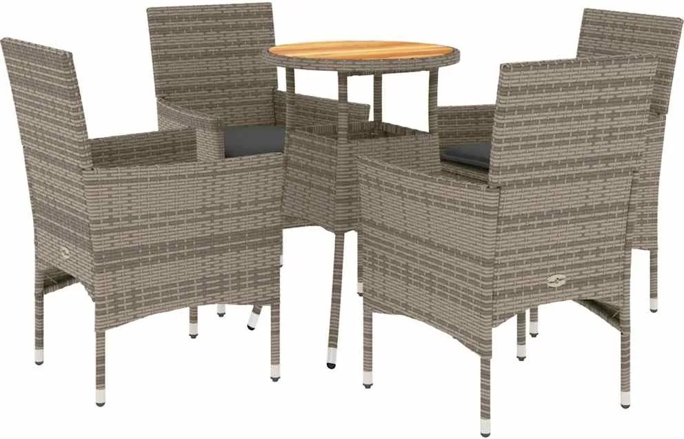 vidaXL 5részes szürke polyrattan/akácfa kerti étkezőgarnitúra párnával