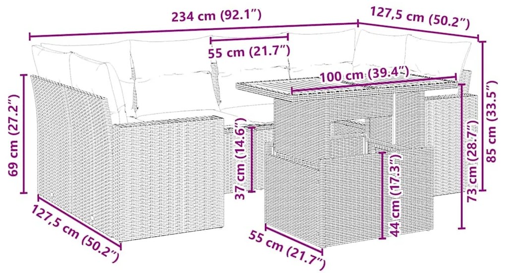 7 részes bézs polyrattan kerti ülőgarnitúra párnákkal