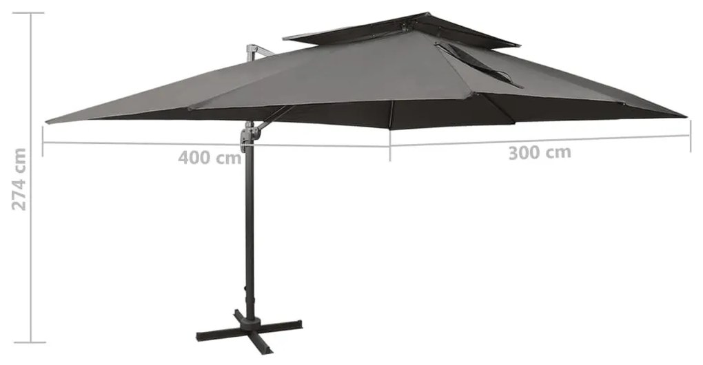 antracitszürke dupla tetejű konzolos napernyő 400 x 300 cm