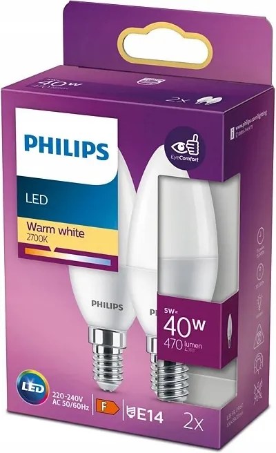 2x Led Gyertya izzó E14 4.9W 40W 470lm 2700K Meleg Fehér Philips