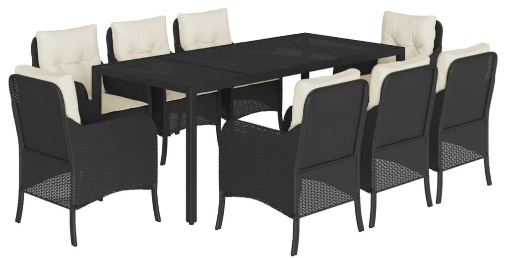 9 részes fekete polyrattan kerti étkezőgarnitúra párnákkal