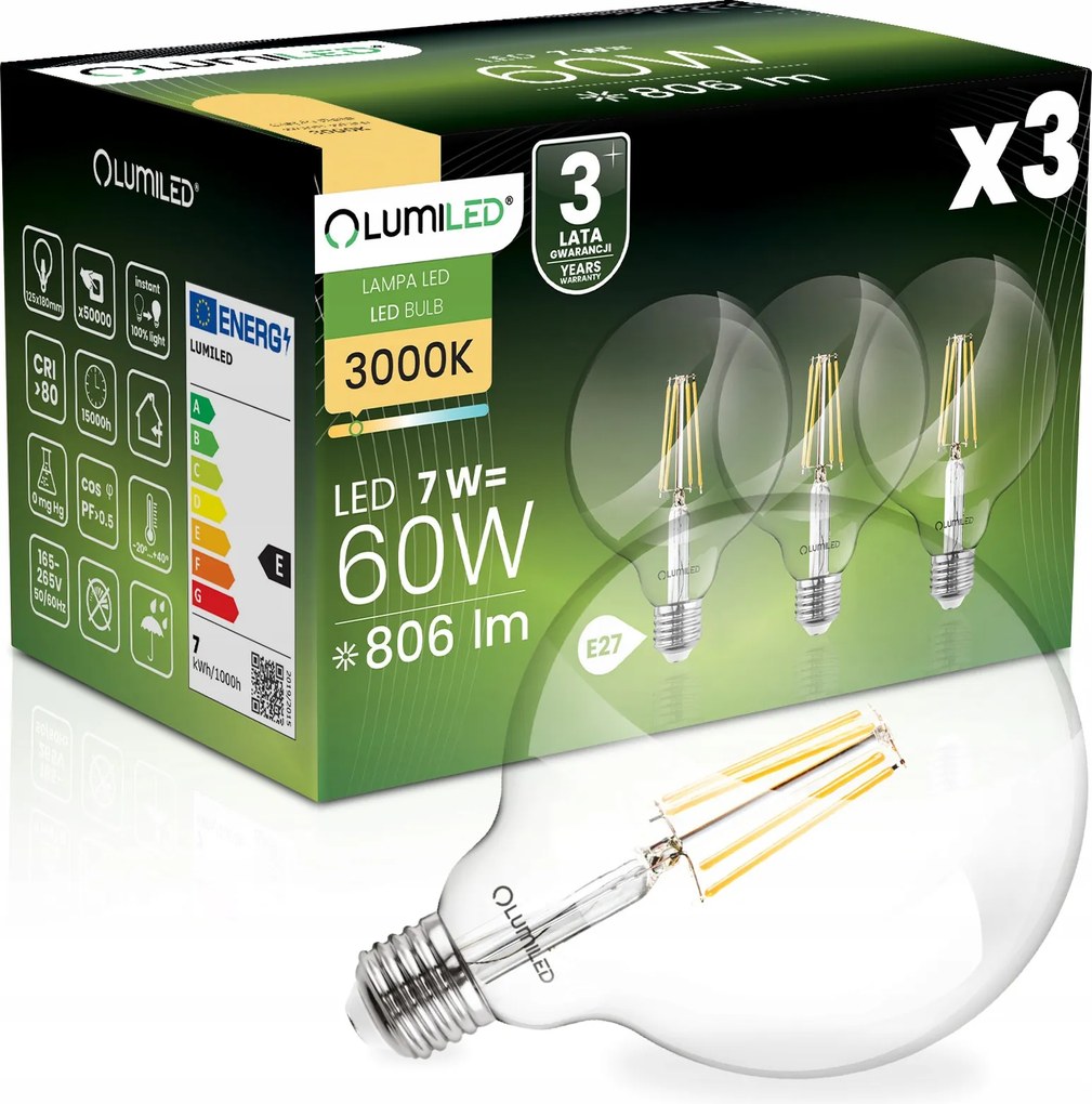3x Led Izzó E27 Gömb G125 7W 60W 806LM 3000K 360° Dekoratív Lumiled