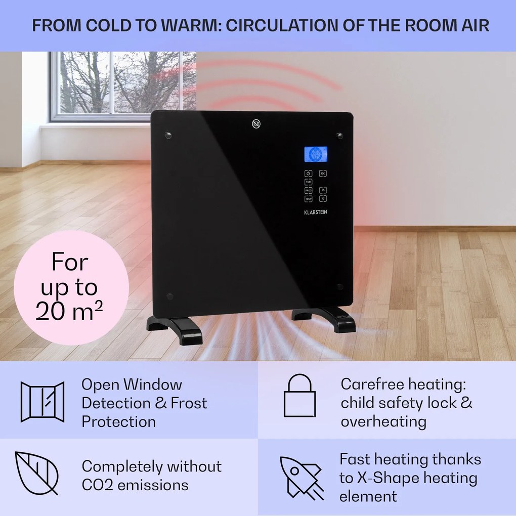 Klarstein Norderney, konvektor, 1000 W termosztát, időzítő, 20 m², fekete