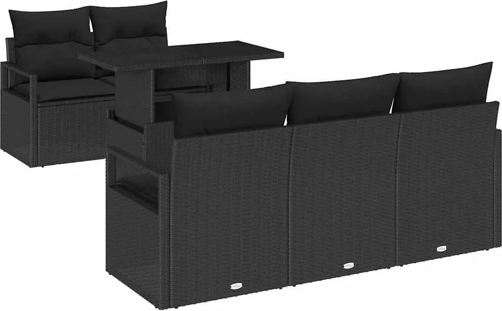 vidaXL Kerti Kanapé Szett párnával tárolóval 6 pcs Fekete Poli rattan