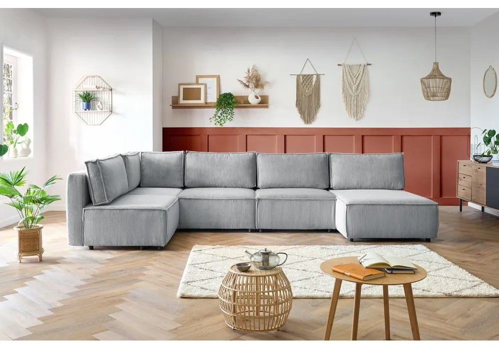 Világosszürke kordbársony sarokkanapé ("U" alakú-variálható) Nihad modular – Bobochic Paris