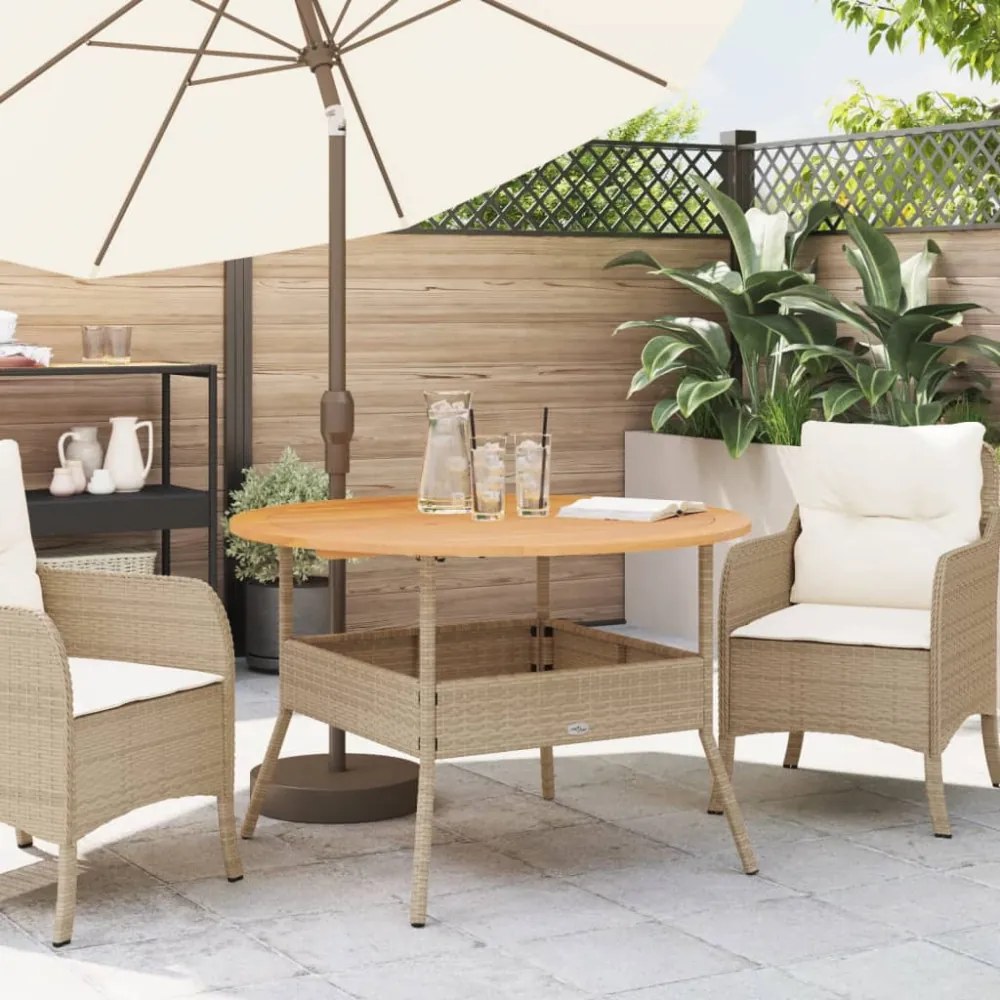 bézs polyrattan kerti asztal akácfa lappal Ø110 x 71 cm