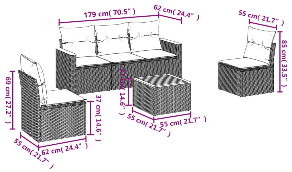 6 részes bézs polyrattan kerti ülőgarnitúra párnával