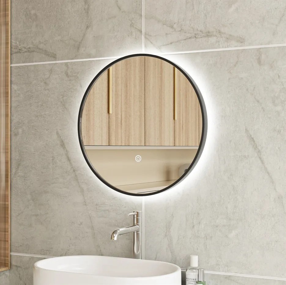 Erga Olivia, kerek LED tükör 50cm, fekete fém keret, 1150 lm, 6500K, elölről megvilágított, ERG-V01-202-5050-BK