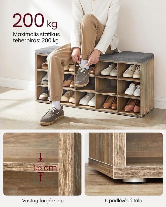 Cipőtartó pad, cipőpolc ülőfelülettel, 30×105×48 cm, türkizbarna–szürke