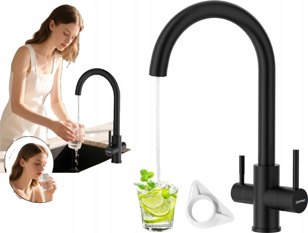 Konyhai mosogató csaptelep fekete háromutas forgatható matt kifolyócső