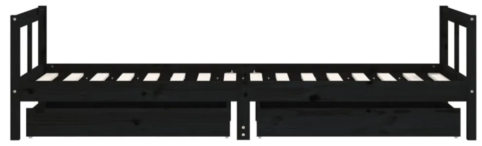fekete tömör fenyőfa gyerekágykeret fiókokkal 80 x 200 cm