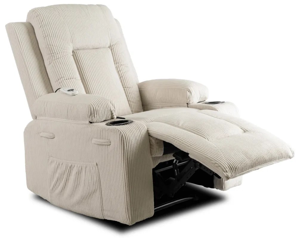 Elektromosan Vezérelhető Masszázsfunkciós Relaxfotel Bézs Kordbársony Kárpittal. BOX 2