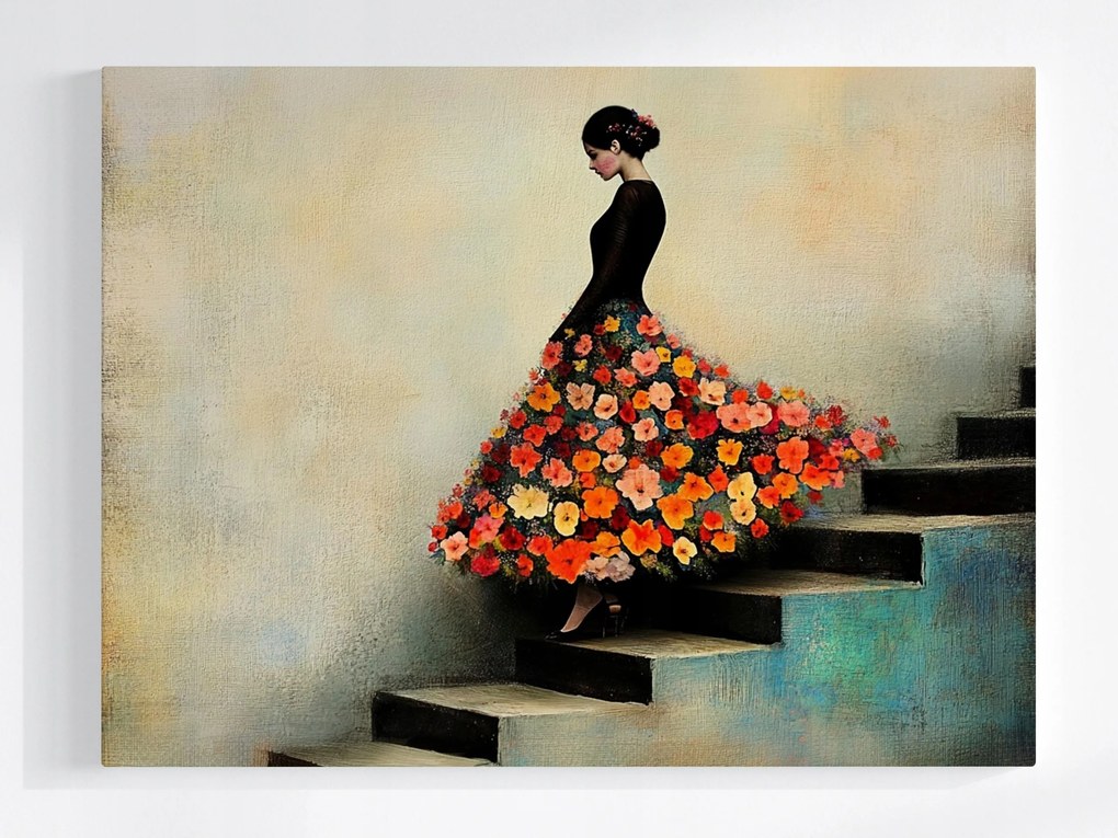 Poszter Nő Virágos Ruhában Lépcső Vintage Art 100x75