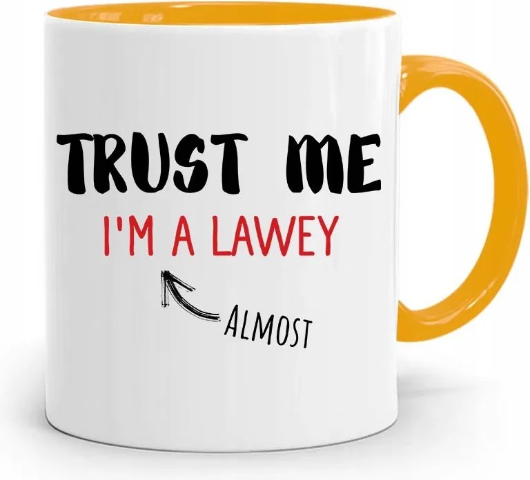 Sárga Bögre Ajándék Ügyvédnek Trust Me fényképes nyomattal