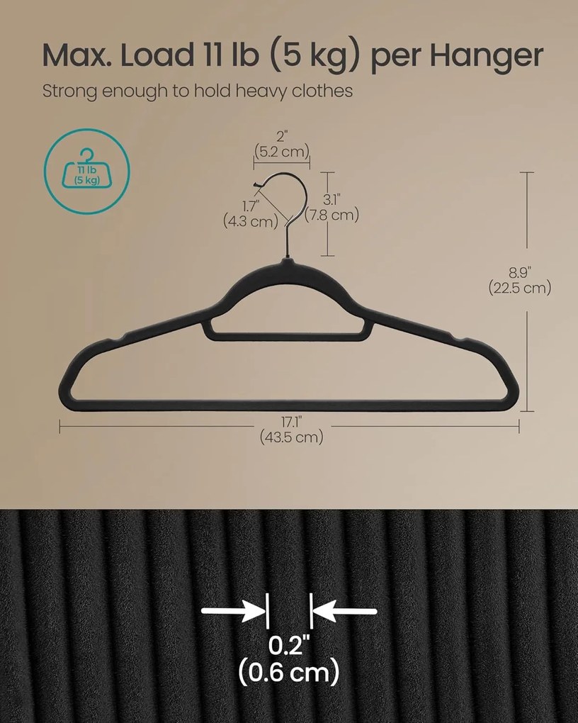 SONGMICS bársony vállfák, 50 darabos ruhafogas készlet, tintafekete