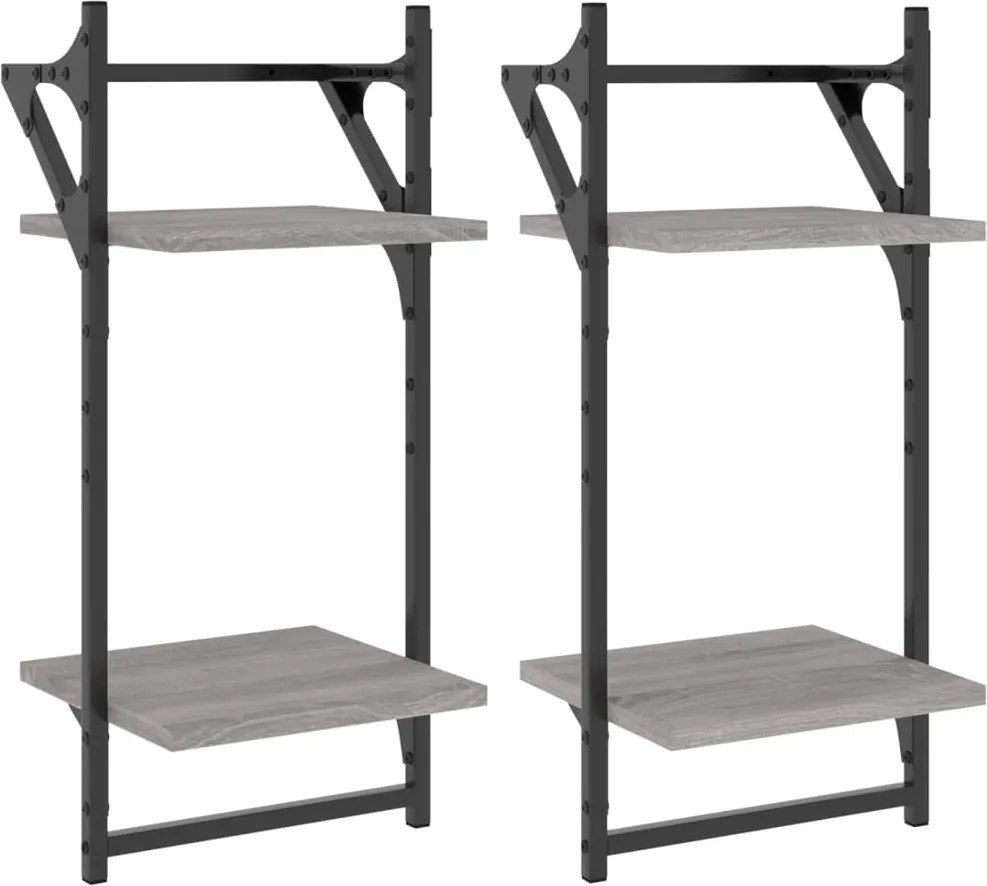 vidaXL 2 db 2 szintes szürke sonoma tölgy falipolc rúddal 30x25x65 cm