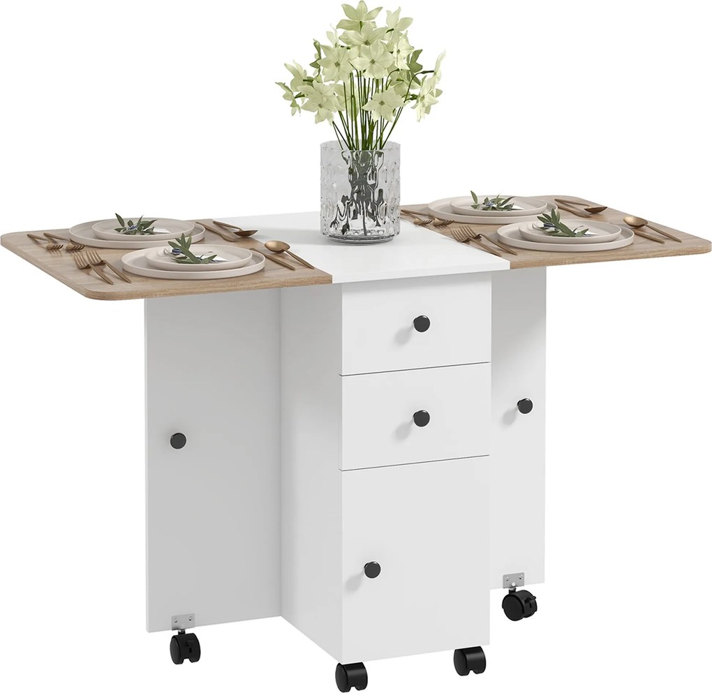 HOMCOM Összecsukható Konyhaasztal Összecsukható Étkezőasztal 2 Összecsukható Tállal, 2 Fiókkal, 1 Szekrénnyel és 1 Tárolópolccal 120 x 60 x 76,5 cm -