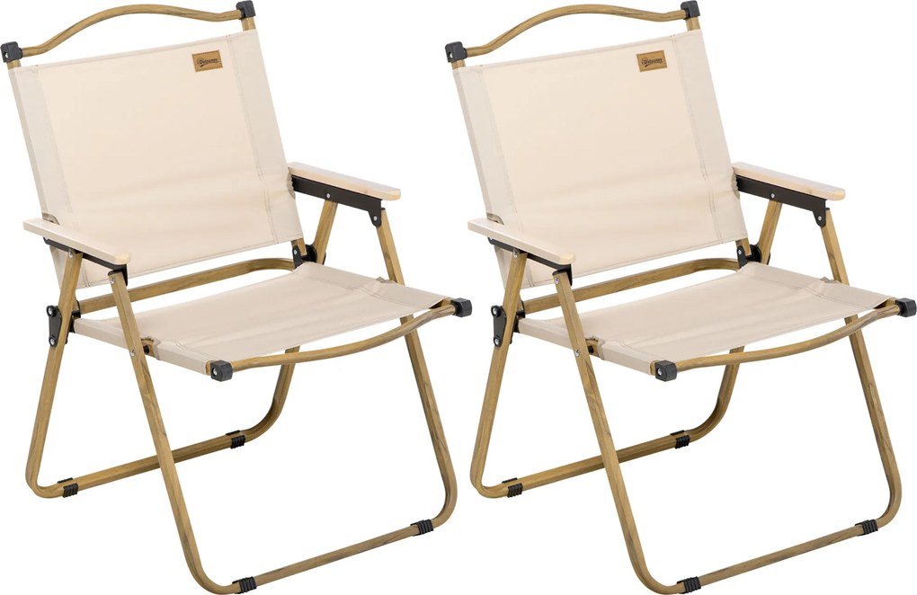 Outsunny Vízparti Szék 2 db-os, összecsukható kertiszék acél vázzal, fa hatású, vízparti és kempingező szék, Oxford, Khaki | Aosom