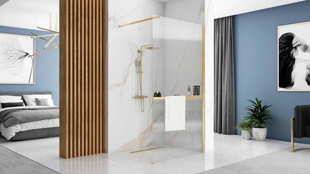 Rea, Zuhanyfüggöny REA AERO Intimo Gold Brush 100 walk-in + polc és akasztó EVO - arany, KPL-09138