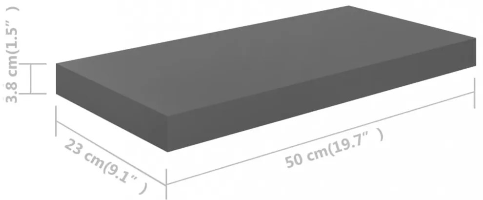 4 db magasfényű szürke MDF lebegő fali polc 50 x 23 x 3,8 cm