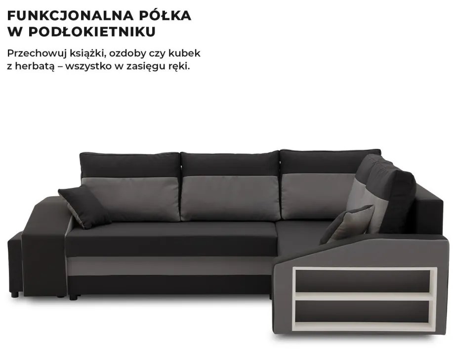 Grande sarokkanapé polcokkal és puffokkal , polc a jobb karfaban puffok a bal karfaban, jobboldali, szövet anyag, hab töltet, fekete - szürke