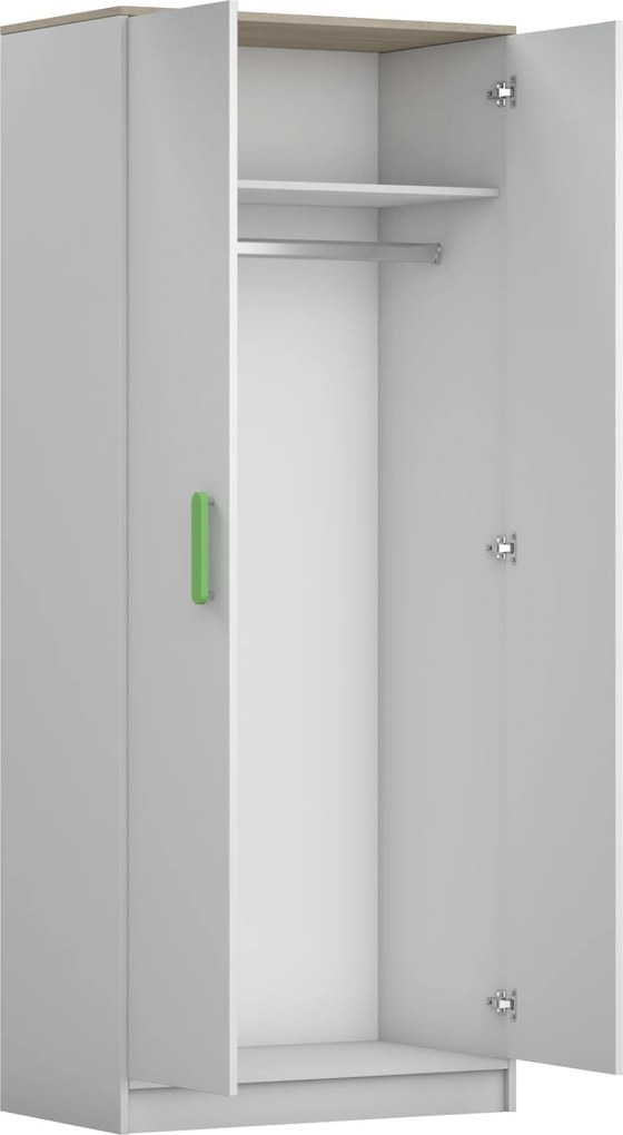 Macius 01 Kétajtós gardróbszekrény fehér - sonoma- Választható színes fogantyúval N