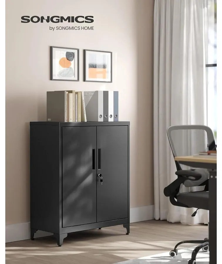 Iratszekrény, többfunkciós garázsszekrény, irodai szekrény 2 ajtóval fekete színben