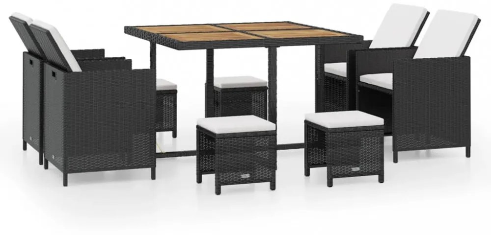 9 darabos fekete kültéri polyrattan és akácfa étkezőszett