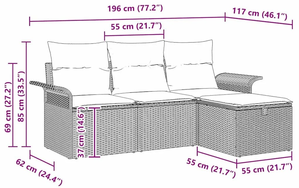 Kerti Kanapé Szett 4 pcs Barna és krémszínű 196 x 117 x 85 cm