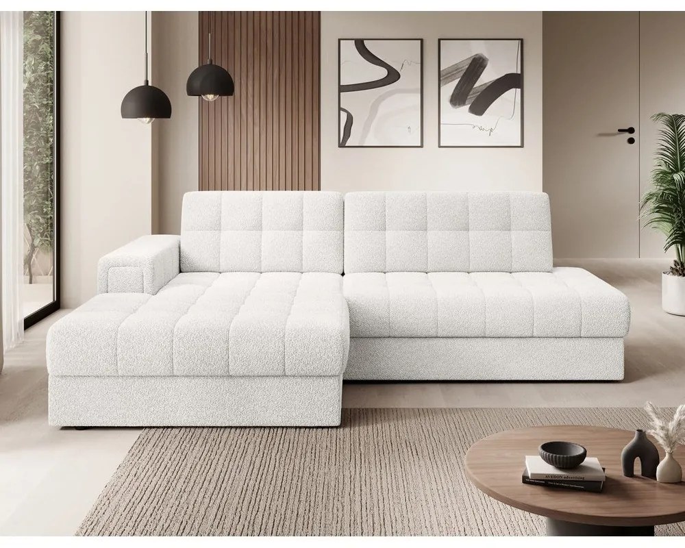 Krémszínű buklé kinyitható sarokkanapé (bal oldali-heverő résszel) Blezalt – ELTAP