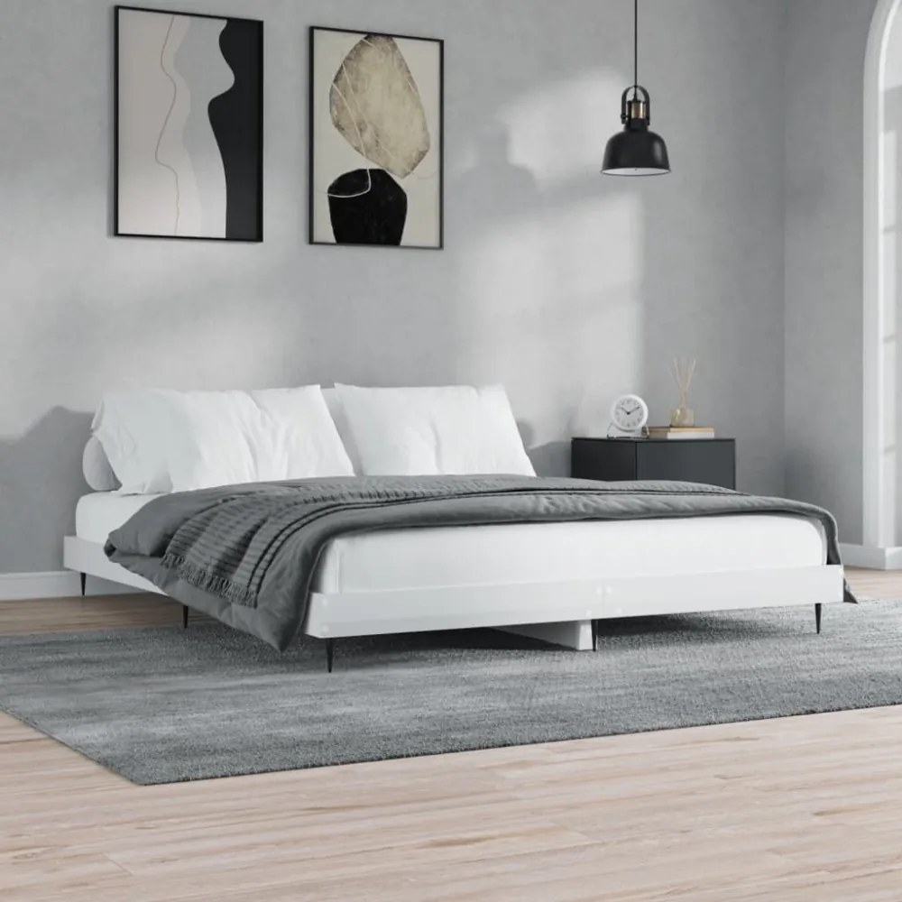 magasfényű fehér szerelt fa ágykeret 150 x 200 cm