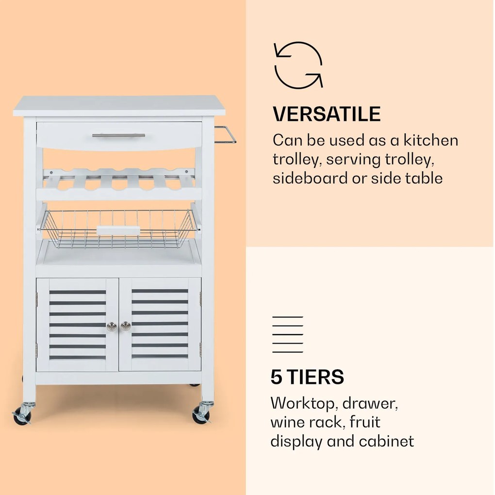 Klarstein Louisiana, tálalókocsi, konyhai kocsi, 5 szintes, fából készült szalvétatartó, mobil
