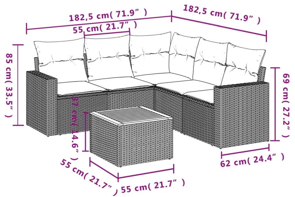 6 részes fekete polyrattan kerti ülőgarnitúra párnákkal