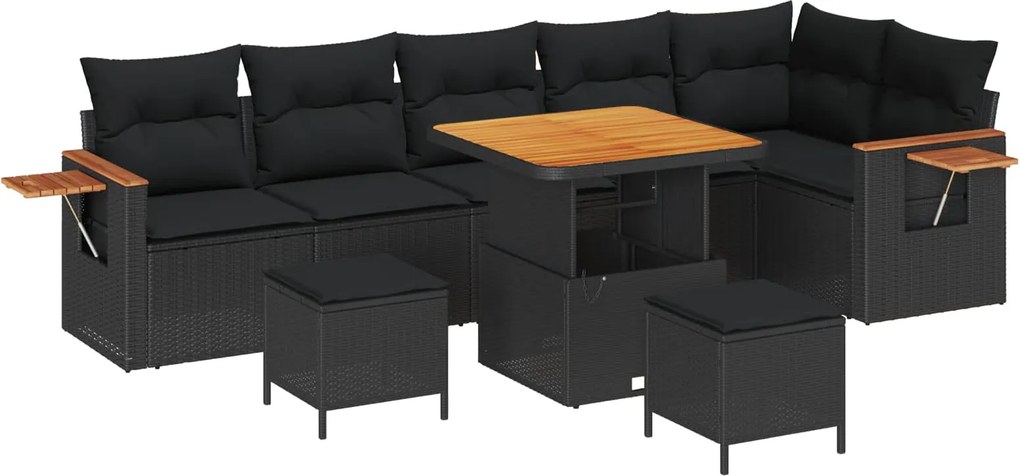 vidaXL Kerti Kanapé Szett 9 pcs Fekete Poli rattan és porfestett acél