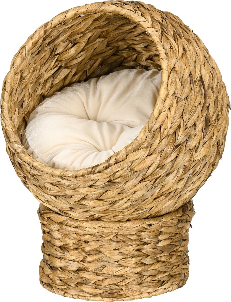 PawHut Rattan Macska Kosár Macska Barlang Macska Ház Macska Ágy Párnával Vízliliom Barna 42 x 33 x 52 cm | Aosom