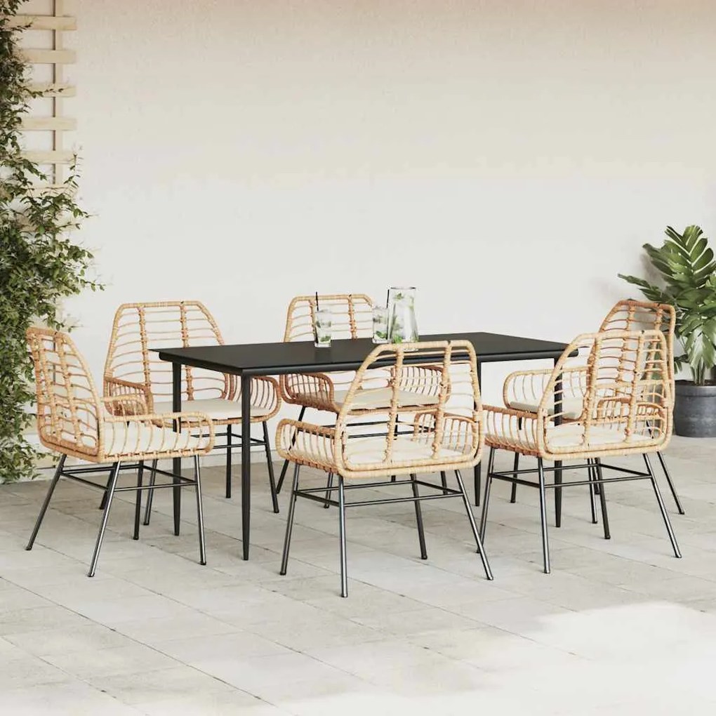 7 észes barna polyrattan üveg kerti étkezőgarnitúra párnával