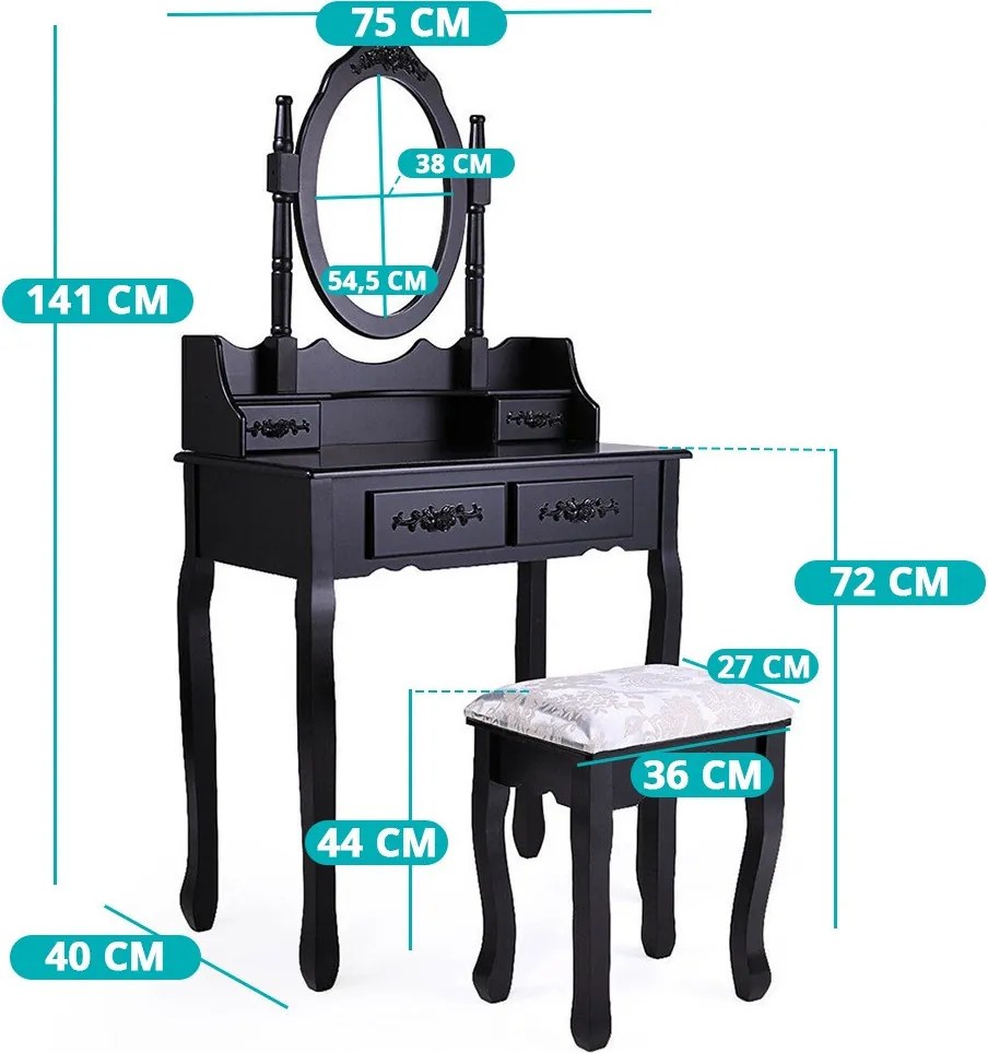 Tükrös fésülködő asztal székkel, Rome több színben-fekete