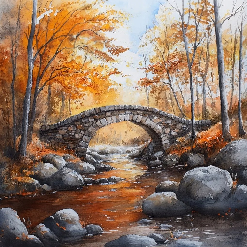 Canvas Vászonkép Tájkép Ősz Erdő Fák Folyó Kőhíd 80x80