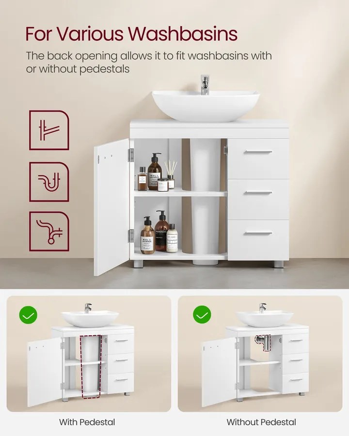 Mosdó alatti fürdőszobai szekrény 3 fiókkal, felhőfehér