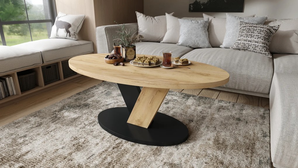 Mazzoni LOVA Craft Aranytölgy/Fekete - OVÁLIS DOHÁNYZÓASZTAL 110x60 cm MODERN KÁVÉZÓ ASZTAL