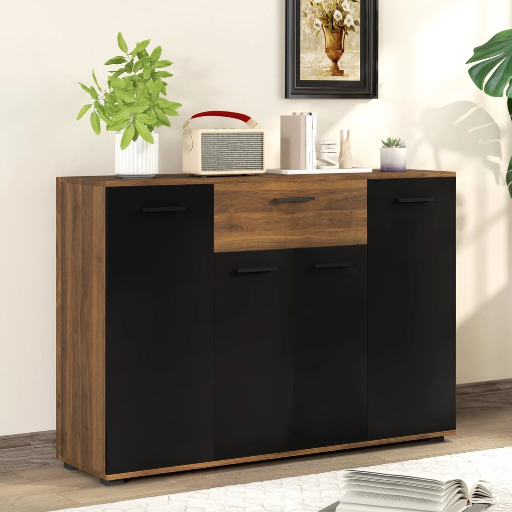 HOMCOM Barna és Fekete Buffet Tárolószekrény 4 Szekrénnyel, Fiókkal és Állítható Polcokkal, Mérete: 120 x 35 x 85 cm | Aosom